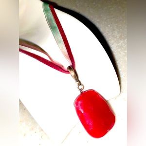 Statement necklace. Two stranded silk cording. Large red carnelian stone.